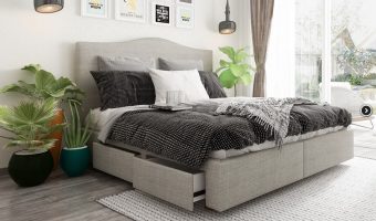 Camelnack style bed head with upholstered in grey storage base with 4 drawers